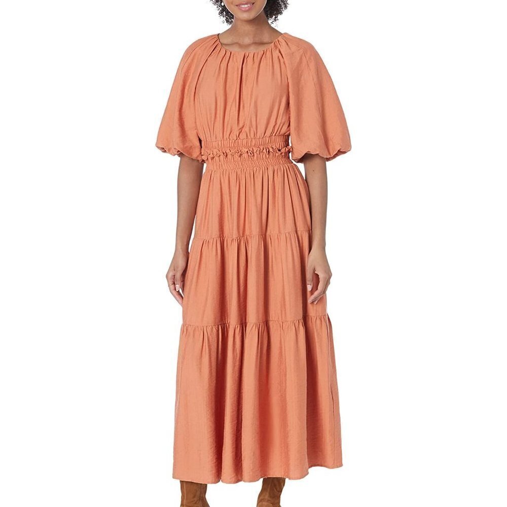 MOON RIVER Puff Sleeve Back Cutout Midi Dress Rust Size Small NWT - Picture 2 of 4